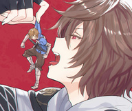 drawing vore small_man blonde color tongue armor giant male clothed handheld anime brunette short_hair open_mouth dangle imminent_vore no_background looking_at_tiny granblue_fantasy gran sandalphon paradiseparadise