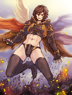 drawing wings angel color armor destruction giant male penis clothed handheld buildings anime angry brunette train torajimaneko short_hair bulge abs hand_crush outdoors thigh_highs bangs debris skimpy_clothing granblue_fantasy bare_midriff sandalphon