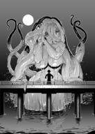 drawing nude small_man monochrome large_breasts bridge ocean wet anime smiling scared unknown_artist looming looking_down tentacles outdoors monster_girl pier squid_girl looking_at_tiny