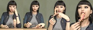 insertion nude small_man black_hair tongue cum penis clothed licking sequence anal domination smiling short_hair sitting kneeling open_mouth female_domination inside_mouth pencil pinned piercing indoors mouth_play testicles jewelry long_tongue edit on_table bangs on_tongue looking_at_tiny digital_render anal_play araven72 hand_play