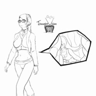 drawing vore blushing monochrome large_breasts long_hair clothed small_woman cleavage glasses anime smiling camel_toe ponytail animation walking inside_stomach internal_view no_background bare_midriff bump thoughtvision