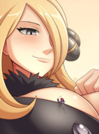 drawing gentle pokemon blonde color large_breasts long_hair clothed cleavage low_angle shrunken_man looking_down grey_eyes pokemon_trainer no_background looking_at_tiny bra_entrapment on_breasts smirking thunderafterdark hand_on_breasts clothing_entrapment cynthia_(pokemon)