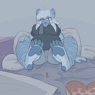 drawing white_hair feet furry anthro color large_breasts long_hair clothed toes barefoot soles glasses bed hyena smiling paws sitting shrunken_person between_feet raised_feet thick_thighs presenting looking_at_tiny bare_legs dahlular