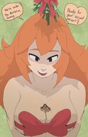drawing gentle nude color cleavage brunette high_angle christmas mistletoe dark_skin bow dialogue orange_hair sam sihagen between_breasts samuel