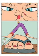 drawing feet blonde comic color blue_eyes clothed angry low_angle short_hair hand shrunken_people shrunken_man flip_flops nail_polish point_of_view handled no_background looking_at_tiny ant_bully tiffany_nickle pickupzigzagoon