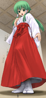 drawing color long_hair clothed skirt green_eyes low_angle socks green_hair kimono shrunken_man looking_down indoors eichikei point_of_view white_socks tabi_socks looking_at_tiny shrink_high sakutooyama apprentice_miko
