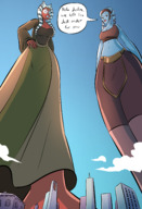 breasts drawing giantess giga horns city mega alien color large_breasts barefoot cleavage bra skirt buildings dress blue_skin star_wars giantesses pants rope tentacles low_view top belt dialogue hands_on_hips red_skin togruta bare_midriff caiman2 aayla_secura shaak_ti jedi picjusbro twilek Mega lekku