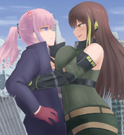 drawing giantess city large_breasts long_hair destruction angry brunette smiling pink_hair ponytail giantesses hugging outdoors girls_frontline vaioomaru m4a1_(girls_frontline) st_ar-15_(girls_frontline)