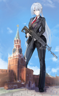 breasts drawing giantess white_hair mega color long_hair blue_eyes clothed gun tie suit clouds outdoors sky martin kremlin moscow girls_frontline ak-15