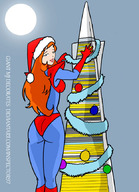 breasts drawing giantess mega color long_hair butt buildings christmas moon gloves red_hair boots skyscraper night costume giant_girl san_francisco behind_view santa_hat inspector97 mary_jane marvel_comics transamerica_pyramid ci0