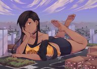 drawing giantess city mega black_hair color long_hair toes barefoot soles lying_down shorts dark_skin outdoors brqfst