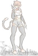 drawing giantess feet furry cat anthro city color clothed handheld toes cleavage buildings glasses paws gloves short_hair straps outdoors thigh_highs holding_building no_background skimpy_clothing stirrups bare_midriff kabubu18