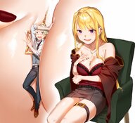 drawing panties small_man upskirt blonde color large_breasts long_hair clothed cleavage anime smiling sitting straps jewelry necklace bangs no_background looking_at_tiny bare_legs cutaway between_breasts magibellen odende