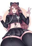 drawing gentle color long_hair male clothed small_woman anime smiling red_hair ponytail uniform small_women choker bow crossdressing hair_bow thigh_highs looking_at_viewer inside_clothing on_stomach no_background femboy peace_sign bare_midriff clothing_entrapment a-i-k_art azurii