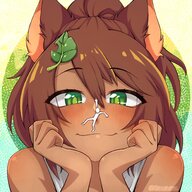 drawing blushing color long_hair clothed anime brunette smiling ponytail close_up dangle dark_skin shrunken_person monster_girl hanging_on no_background on_face looking_at_tiny squirrel_girl hollewdz moriko