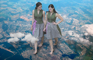 giantess collage landscape giga city mega long_hair barefoot brunette smiling walking giantesses artdent holding_hands foot_prints