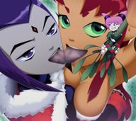 breasts drawing giantess vore alien color large_breasts long_hair tongue handheld cleavage saliva green_eyes purple_hair purple_eyes high_angle christmas pink_hair raven teen_titans red_hair starfire kissing lesbians mistletoe shrunken_woman giantesses dangle dark_skin holding_on out_of_focus looking_at_tiny dc_comics foreshortening orange_skin grey_skin ravenravenraven jinx_(teen_titans) pressing_breasts elf_costume
