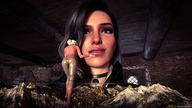 giantess giga black_hair long_hair clothed barefoot multiple_sizes smiling shrunken_woman looking_down indoors shrunken_city digital_render the_witcher ciri yennefer render-farmer