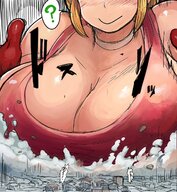 breasts drawing giantess blushing giga city mega blonde color large_breasts destruction clothed cleavage buildings anime breast_crush smiling christmas smoke outdoors choker under_breasts debris bakugeki_no_g planet_(bakugeki_no_g)