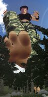 giantess feet small_man clothed toes barefoot soles anime military low_angle smiling red_hair short_hair foot_crush looming looking_down outdoors trees soldiers raised_foot running_away sharp_teeth imminent_crush looking_at_tiny 5nbe digital_render beret one_eye_covered bare_midriff