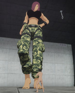feet small_man clothed toes barefoot anime military low_angle red_hair short_hair hand looming looking_down indoors nail_polish looking_at_tiny 5nbe digital_render one_eye_covered bare_midriff