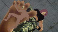 nude feet small_man clothed toes barefoot soles anime military low_angle red_hair short_hair foot_crush hand looking_down between_toes pinned indoors under_foot looking_at_tiny 5nbe digital_render one_eye_covered bare_midriff