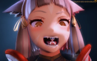 vore tongue clothed small_woman cat_ears short_hair fangs open_mouth inside_mouth cat_girl mouth_play grey_hair bangs holding_up imminent_vore struggling no_background digital_render xenoblade_chronicles_2 sourcesizeshenanigans nia xenoblade_chronicles poppi