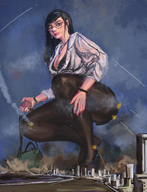 drawing giantess city black_hair color large_breasts long_hair destruction clothed cleavage high_heels buildings glasses smiling tights foot_crush explosion fighting smoke shoe_crush outdoors crouching missiles office_lady debris thick_thighs hesitate_(artist)