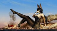 drawing giantess feet furry anthro city dog black_hair color long_hair destruction clothed toes cleavage ocean high_heels buildings soles smiling ponytail tights sitting explosion looking_down smoke bunny_suit shoe_crush outdoors choker missiles raised_foot debris hesitate_(artist)