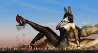 drawing giantess feet furry anthro city dog black_hair color long_hair destruction clothed toes cleavage ocean high_heels buildings soles smiling ponytail tights sitting explosion looking_down dangle smoke bunny_suit shoe_crush outdoors choker missiles raised_foot imminent_crush debris hesitate_(artist)