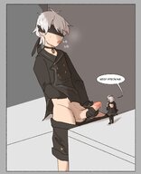 drawing white_hair masturbation color male penis small_woman text anime short_hair shorts indoors precum choker dialogue semi_nude on_table nier_automata 2b 9s covered_eyes bilefangz