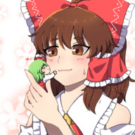 drawing gentle blushing color long_hair clothed small_woman handheld anime touhou brunette smiling green_hair short_hair hugging bow hair_bow reimu_hakurei yuuka_kazami no_background looking_at_tiny lanalopez92