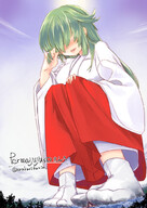 drawing blushing color long_hair small_woman anime smiling socks green_hair foot_crush looking_down pinned outdoors crouching under_foot shrine_maiden tabi_socks looking_at_tiny covered_eyes shrink_high arukarifurin apprentice_miko