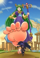 drawing giantess feet color long_hair blue_eyes clothed crossover toes barefoot soles blue_hair low_angle smiling green_hair foot_crush looming running looking_down clouds outdoors sky staff point_of_view imminent_crush hand_on_hips looking_at_tiny palutena kid_icarus lucina dakunart super_smash_bros._ultimate super_smash_bros. palutenas_temple