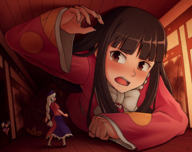drawing growth giantess micro blushing black_hair long_hair clothed touhou embarrassed indoors eirin_yagokoro houraisan_kaguya cramped thunderafterdark human