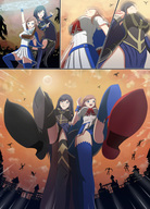 drawing growth giantess panties blushing upskirt blonde black_hair color large_breasts long_hair armor blue_eyes clothed high_heels monsters stockings low_angle dress boots witch looming giantesses magic thighs outdoors raised_foot imminent_crush thedaibijin castlevania charlotte_aulin shanoa
