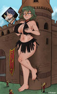 barefoot huge_breasts smiling green_hair short_hair looking_down ripped_clothing cutaway between_breasts dakunart