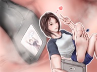 drawing feet small_man color clothed toes barefoot soles brunette smiling asian short_hair sitting phone shorts heart unaware trapped between_toes smelly raised_foot legs_crossed steam selfie bare_legs peace_sign photographing cutaway lucika