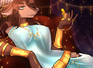 drawing nipples gentle small_man furry horns anthro color large_breasts long_hair clothed handheld green_eyes brunette smiling sitting goat indoors jewelry rings necklace earrings insect in_palm bee looking_at_tiny one_eye_covered satyr johima.com