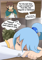 drawing long_hair butt blue_hair angry shrunken_man looking_down accident teniko poking konosuba aqua_(konosuba) kazuma_(konosuba)