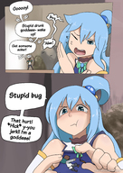 drawing long_hair butt blue_hair angry shrunken_man looking_down accident teniko konosuba aqua_(konosuba) kazuma_(konosuba) mistaken_for_bug