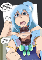 drawing long_hair butt blue_hair angry shrunken_man looking_down accident teniko pinched konosuba aqua_(konosuba) kazuma_(konosuba) mistaken_for_bug