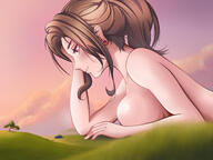 breasts drawing giantess nude giga city color large_breasts red_eyes huge_breasts brunette smiling lying_down looming looking_down clouds outdoors sky hills looking_at_tiny arealgiantess