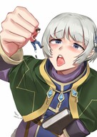 drawing white_hair vore small_man blushing color tongue clothed handheld anime high_angle short_hair open_mouth dangle jewelry bangs imminent_vore no_background looking_at_tiny kkasi00 meteora
