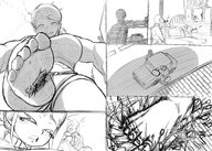 drawing giantess feet small_man blushing city comic monochrome destruction clothed small_men toes barefoot buildings soles anime sequence high_angle low_angle scared ponytail short_hair foot_crush muscles shorts looming vehicles outdoors under_foot vehicle_crush panels stuck_to_foot imminent_crush thick_thighs on_shoulder thief bank bare_midriff bank_robbery kiyoshi2431 flatten