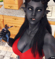 vore horns black_hair long_hair clothed small_woman handheld cleavage demon high_angle succubus demoness blue_skin inside_mouth piercing indoors monster_girl multiple_victims imminent_vore struggling pointed_ears digital_render selfie photographing innocent_owl