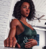 vore black_hair clothed low_angle inside_mouth dark_skin shrunken_person indoors curly_hair looking_at_viewer rubbing_belly digital_render innocent_owl