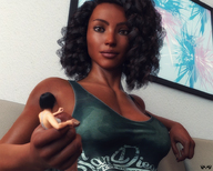 black_hair clothed small_woman handheld low_angle multiple_sizes smiling sitting dark_skin indoors curly_hair between_fingers looking_at_tiny digital_render in_fist innocent_owl