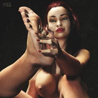 nipples nude feet small_man large_breasts long_hair handheld toes barefoot soles smiling red_hair foot_worship pinned foot_slave nail_polish forced raised_foot no_background looking_at_tiny digital_render gtsx3d