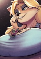 drawing small_man furry blushing anthro blonde dragon color large_breasts long_hair blue_eyes claws clothed cleavage grinning fox low_angle smiling kitsune reptile stuck commission on_table sharp_teeth paw_pads scalie looking_at_tiny robomax smirking blue_eyeshadow between_breasts lira tdart lirakitsune lira13